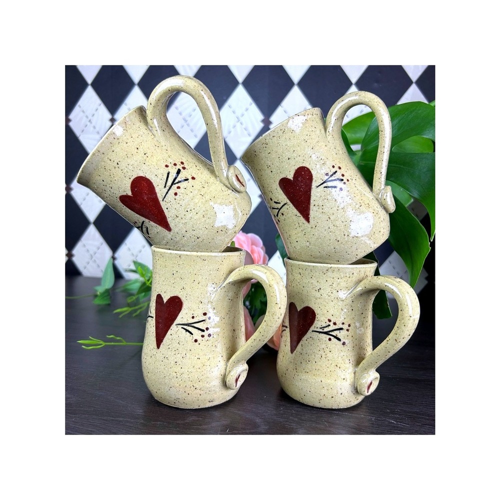 Pair of Studio Pottery Mug Stoneware Cups Heart Motif Set of 2 Primitive Modern